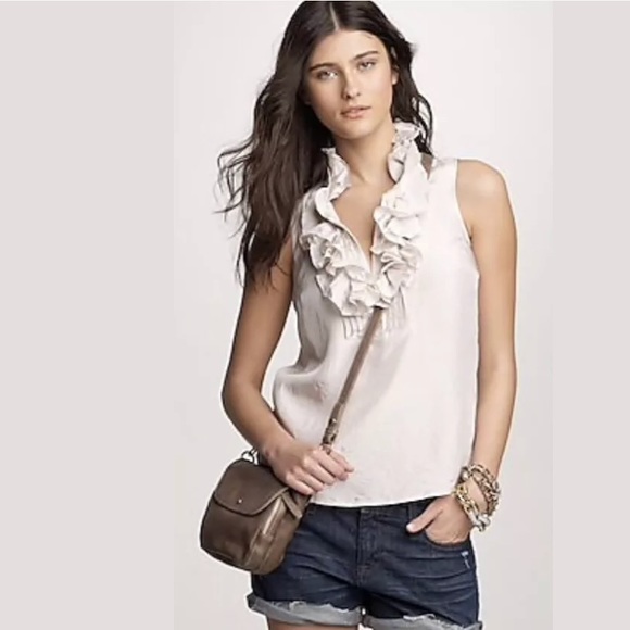 J. CREW Silk Frances Blouse Black Top Ruffle Feont Neckline Shirt Sleeveless - Picture 2 of 9